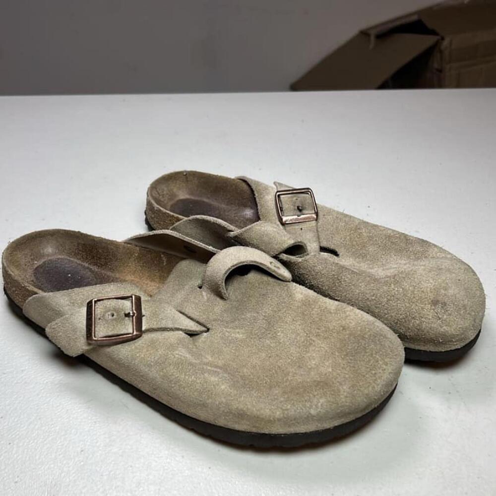 Birkenstock Boston Taupe Suede Leather Soft Footbed Clogs Slip-Ons